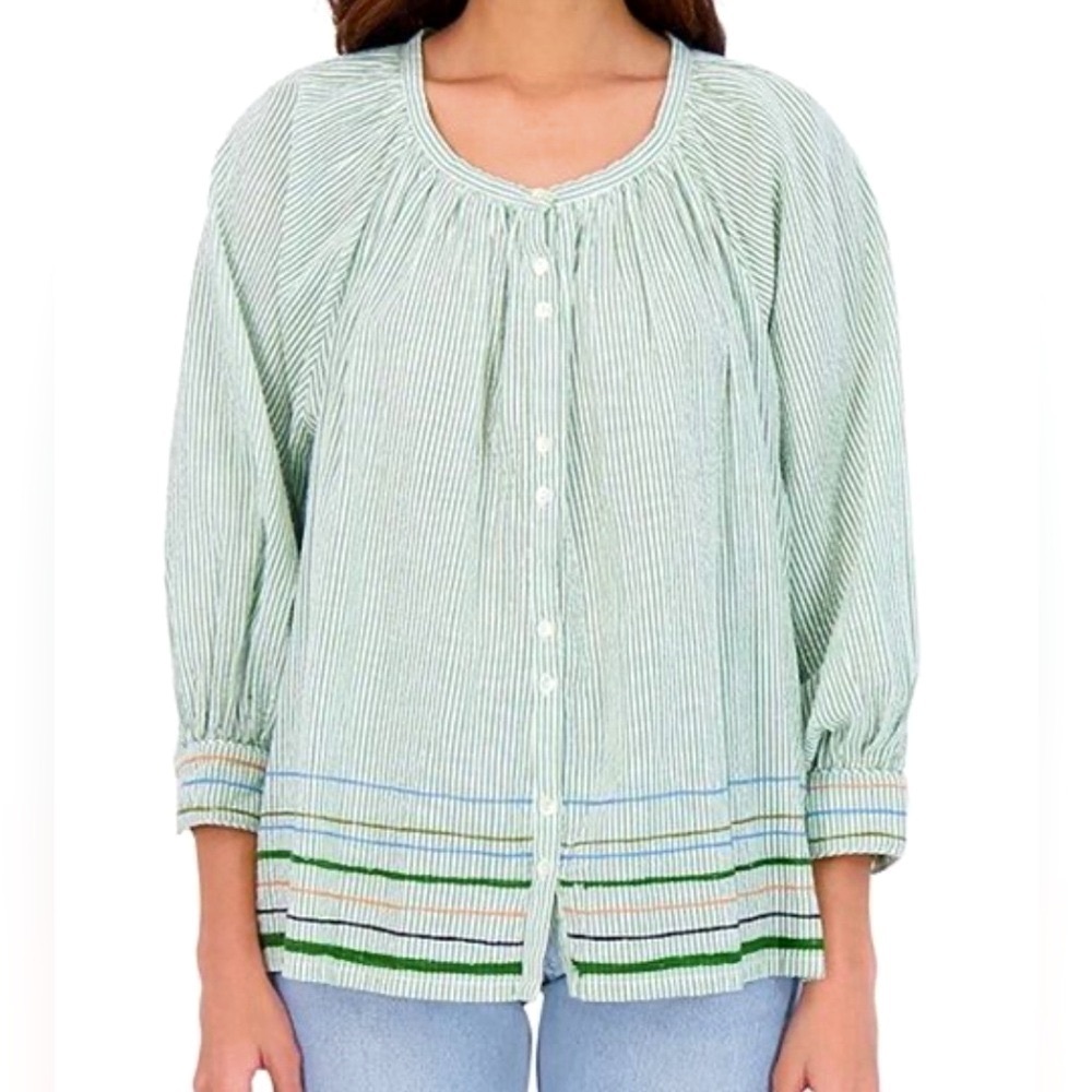 NWOT Roller Rabbit Murello Ada green stripe button down blouse cotton India